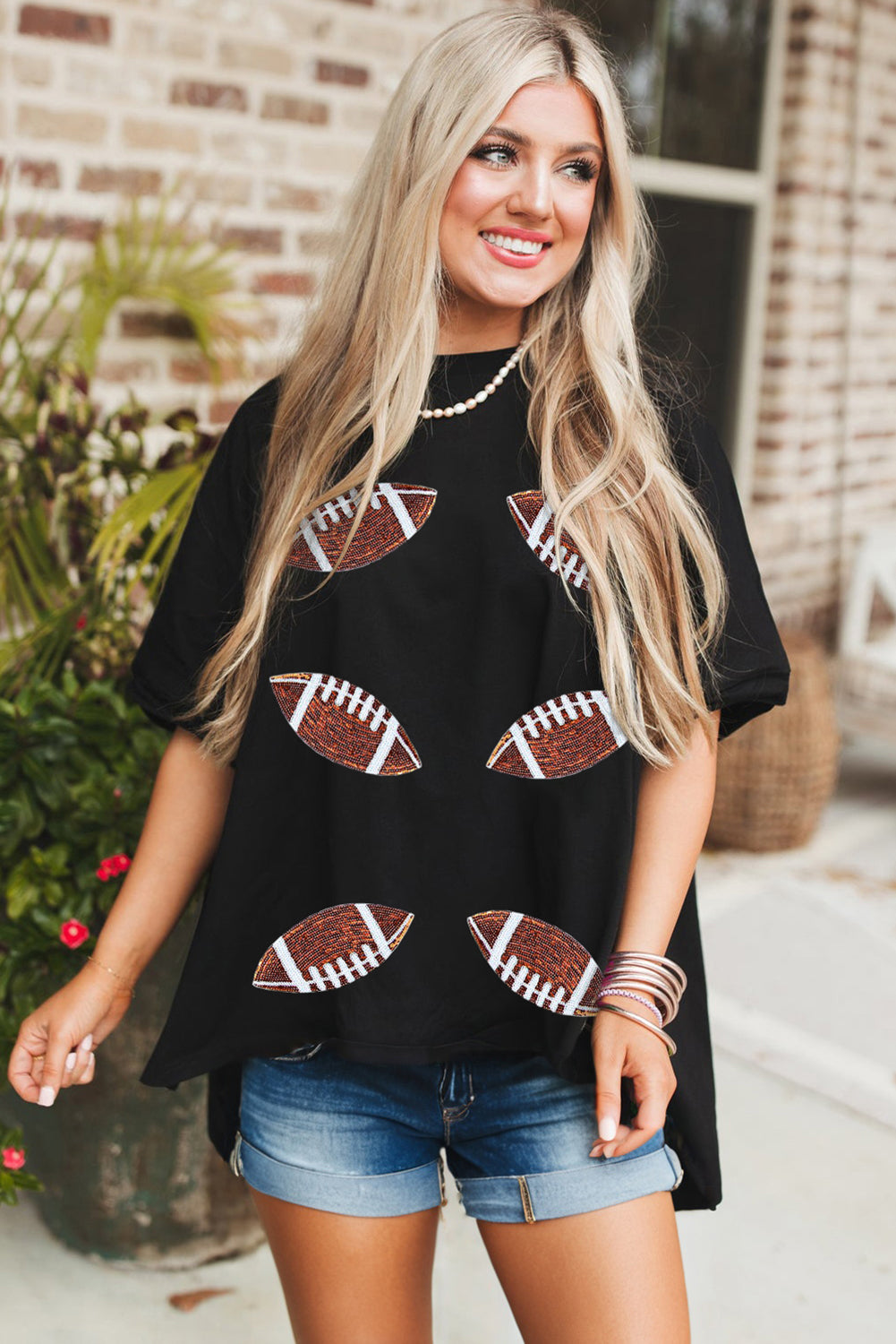 Black Sequin  Football Crewneck Loose T Shirt
