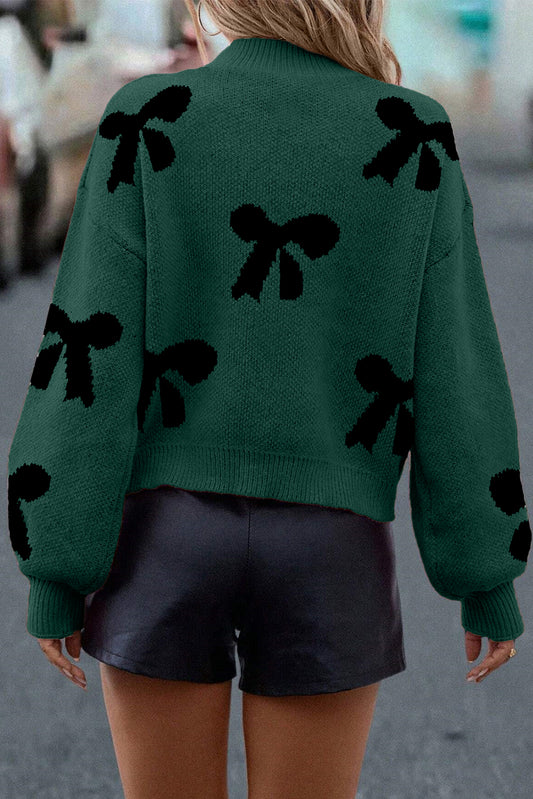 Blackish Green Pearl Embellished Bow Pattern Loose Sweater