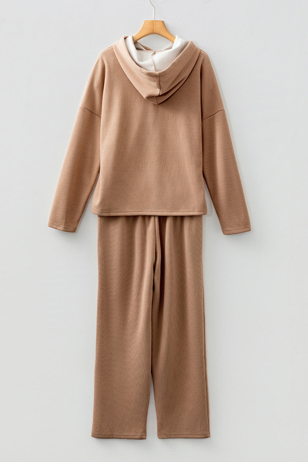 Dark Khaki Leopard Drawstring Pullover Hoodie and High Waist Pants Corduroy Suit