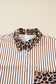 Brown Stripe Contrast Leopard Patchwork Long Shirt Dress with Slits