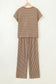 Khaki Stripe Crew Neck Tee Drawstring Waist Cropped Pants Set