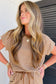 Khaki Stripe Crew Neck Tee Drawstring Waist Cropped Pants Set