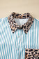 Sky Blue Stripe Contrast Leopard Patchwork Long Shirt Dress with Slits