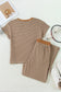 Khaki Stripe Crew Neck Tee Drawstring Waist Cropped Pants Set