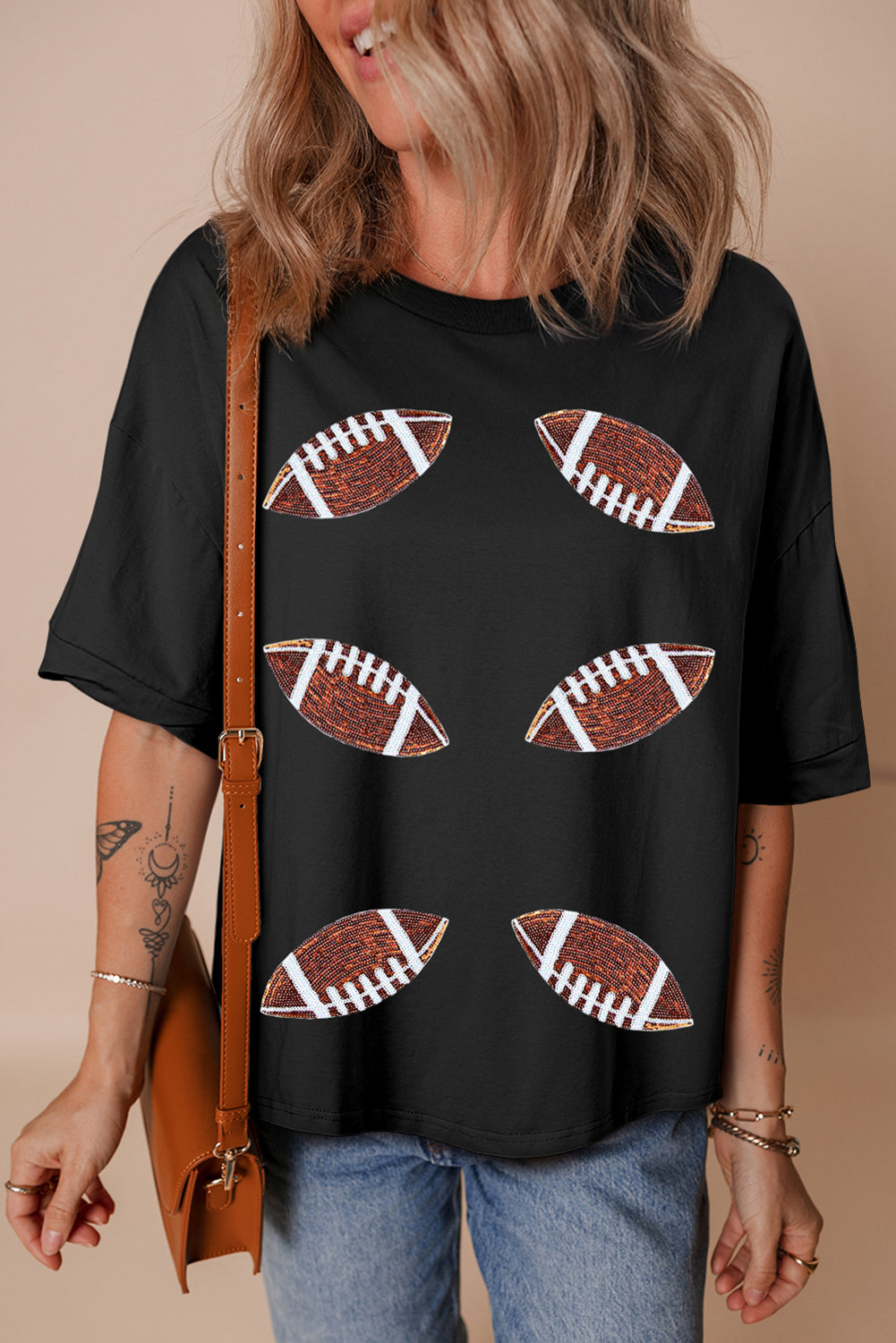 Black Sequin  Football Crewneck Loose T Shirt