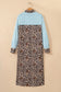 Sky Blue Stripe Contrast Leopard Patchwork Long Shirt Dress with Slits