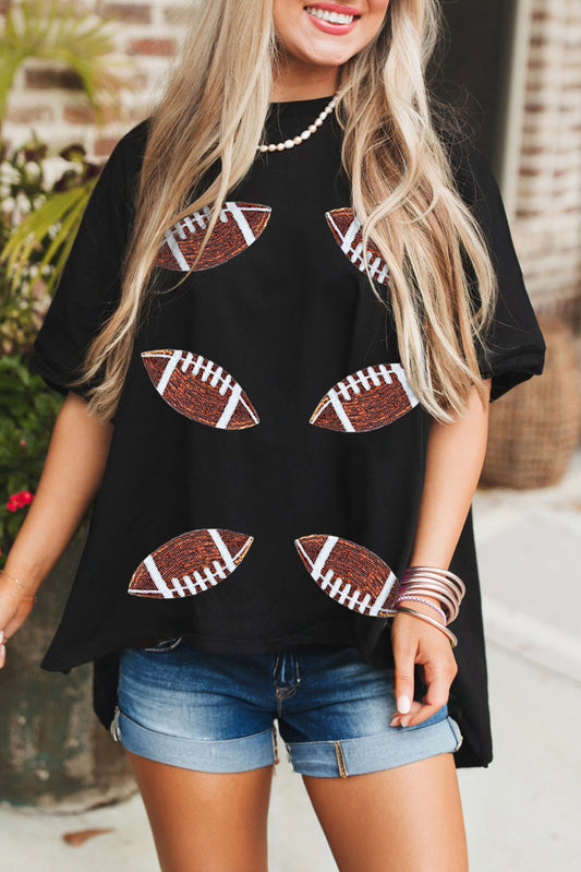 Black Sequin  Football Crewneck Loose T Shirt