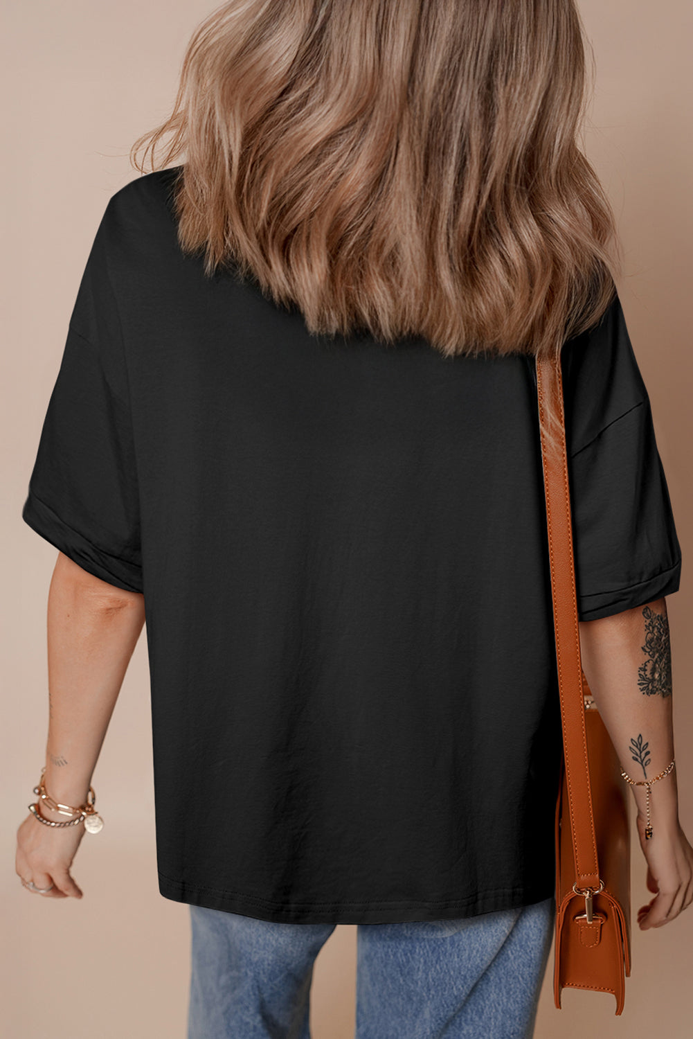 Black Sequin  Football Crewneck Loose T Shirt