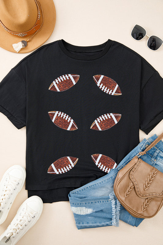 Black Sequin  Football Crewneck Loose T Shirt