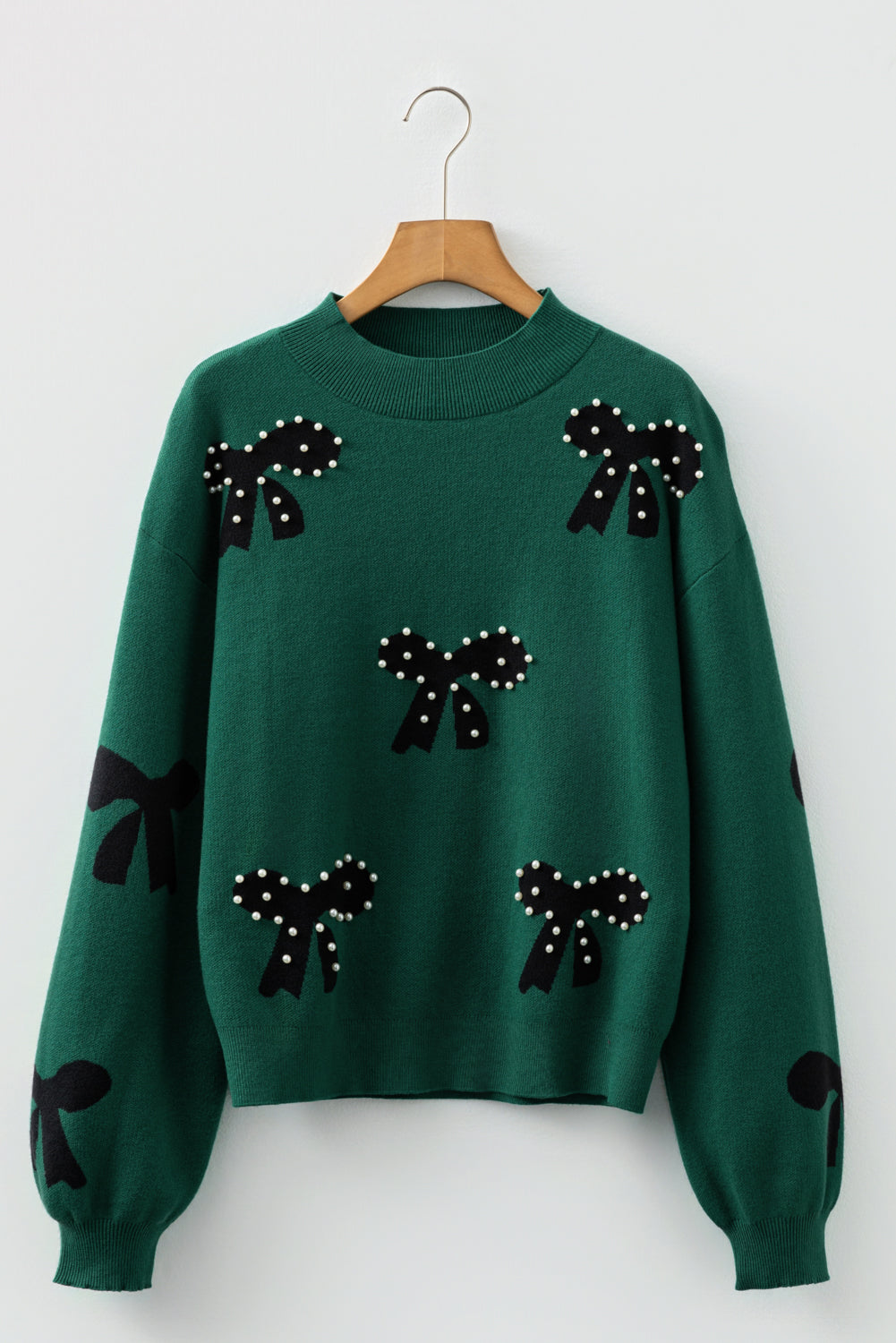 Blackish Green Pearl Embellished Bow Pattern Loose Sweater