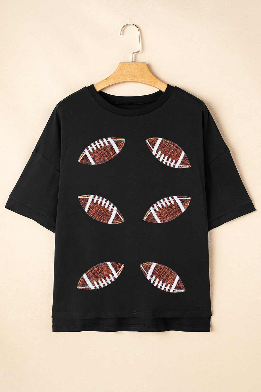 Black Sequin  Football Crewneck Loose T Shirt